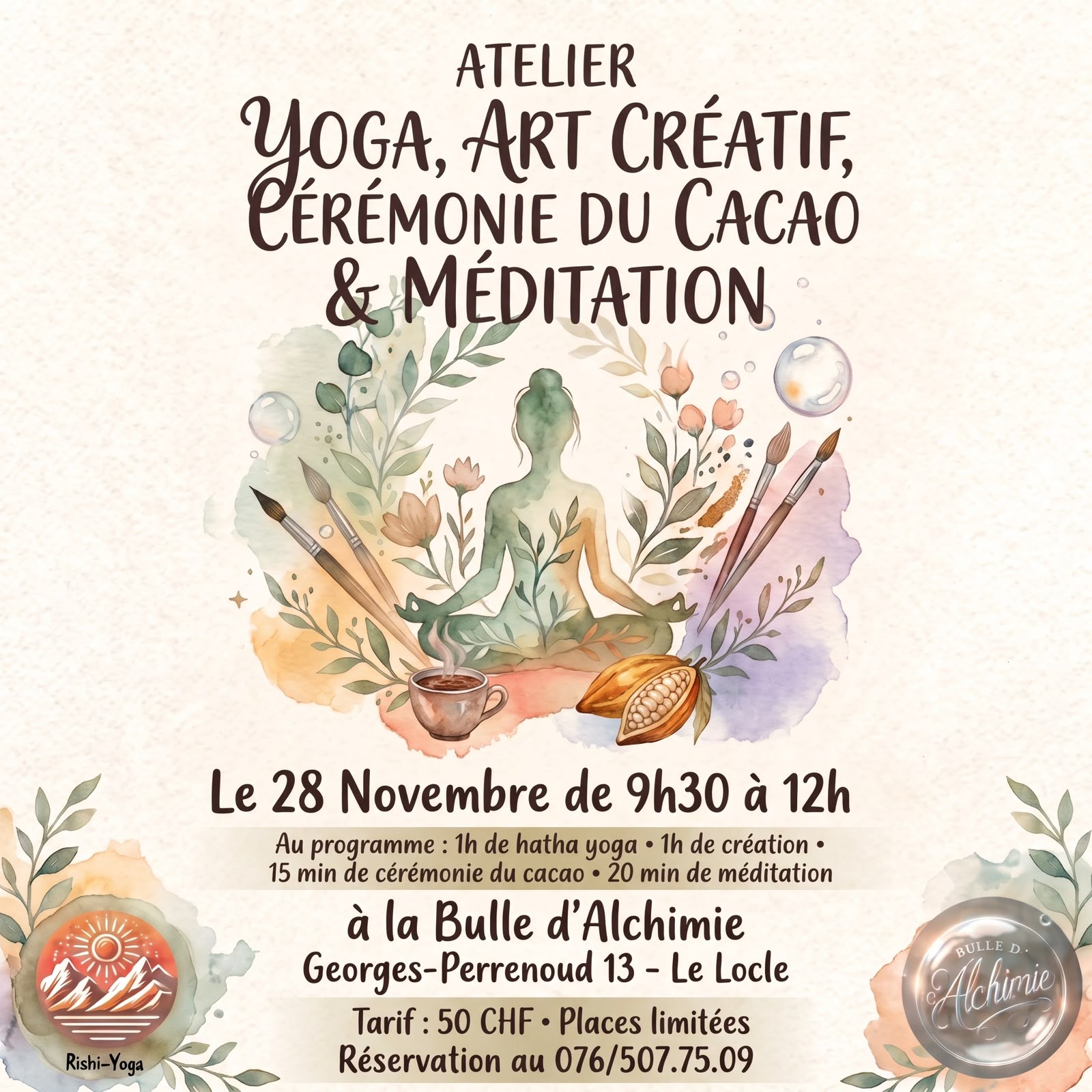 Atelier yoga, art créatif, cérémonie du cacao et méditation - Proposé par Carol Beche