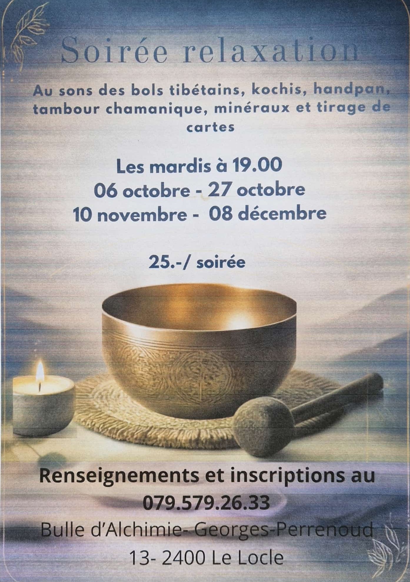 Flyer Atelier soirée de relaxation avec bols tibétains - Proposé par Sylvie Ducommun